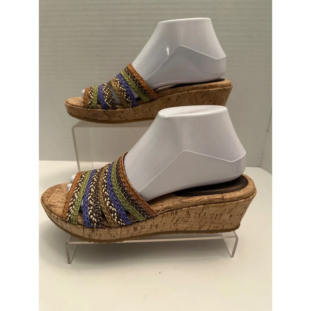 Eric Javits Multi Color Woven Cork Wedge Sandals Slides Brown Green Blue